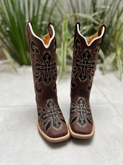 BOTA TEXANA BORDADO CRUZ PRETA COURO MARROM