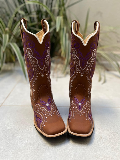 BOTA TEXANA TRIBAL ROXO E BRANCO COURO MARROM