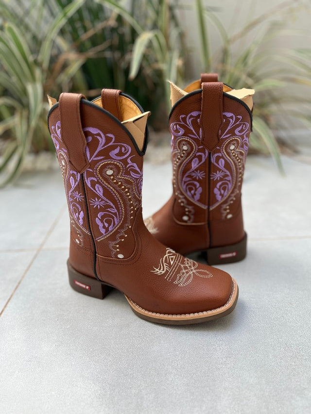 BOTA TEXANA TRIBAL LILÁS FLORÃO BEGE COURO MARROM