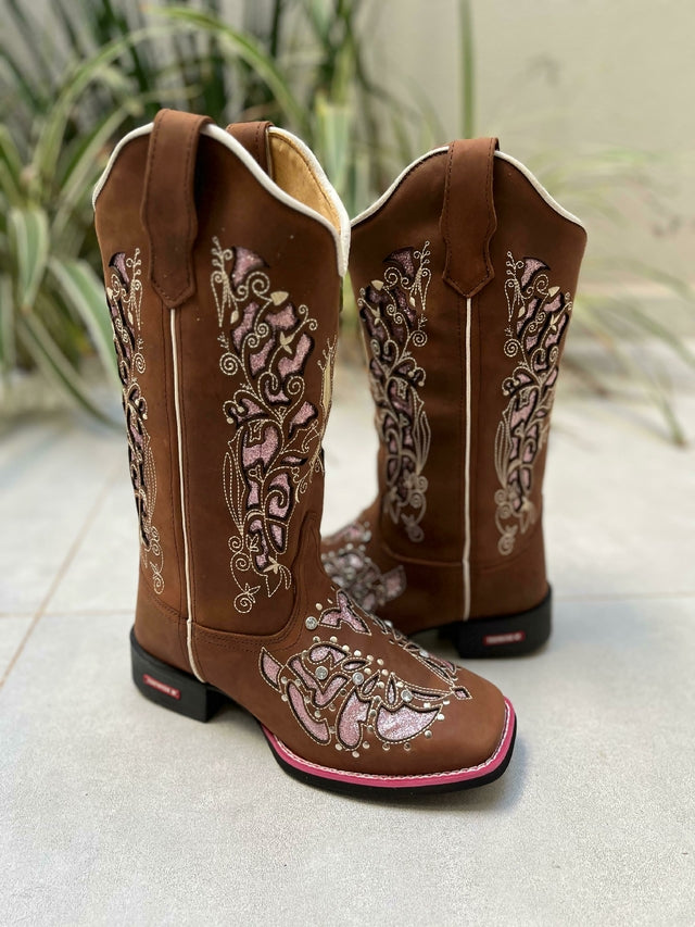 BOTA TEXANA LASER GLITTER ROSA COM STRASS COURO MARROM SOLADO VIRA ROSA