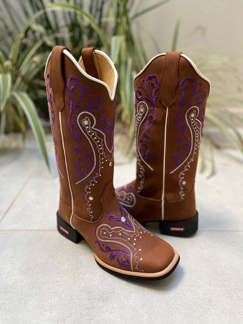 BOTA TEXANA TRIBAL ROXO E BRANCO COURO MARROM