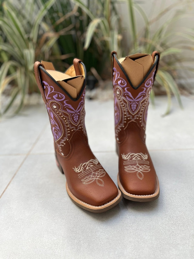 BOTA TEXANA TRIBAL LILÁS FLORÃO BEGE COURO MARROM