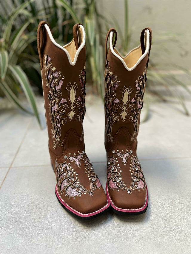 BOTA TEXANA LASER GLITTER ROSA COM STRASS COURO MARROM SOLADO VIRA ROSA