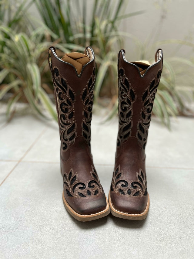 BOTA TEXANA LASER RAMOS GLITTER PRETO COURO MARROM