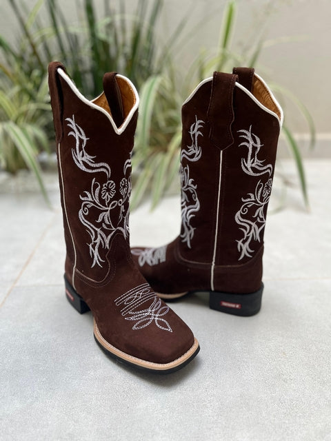 BOTA TEXANA BORDADO FLORES BRANCA COURO NOBUCK MARROM