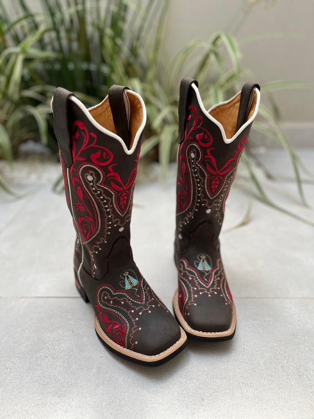 BOTA TEXANA TRIBAL VERMELHO E NOSSA SENHORA COURO MARROM ESCURO
