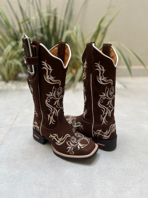 KIT TEXANA BORDADO FLORES COURO NOBUCK MARROM + BAINHA + FACA