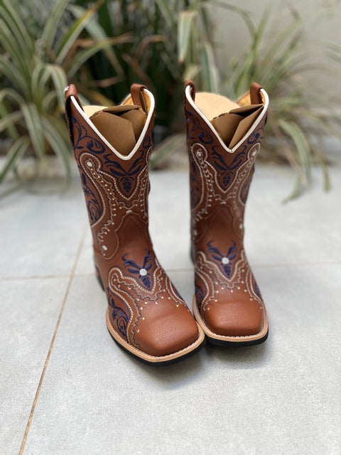 BOTA TEXANA TRIBAL AZUL COURO MARROM