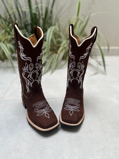 BOTA TEXANA BORDADO FLORES BRANCA COURO NOBUCK MARROM