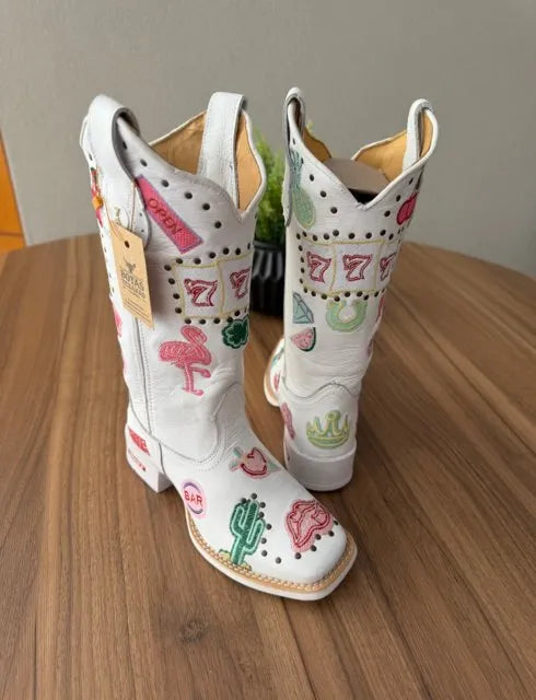 Texana Fabiana - Couro Floatter Branco/Bordado Símbolos