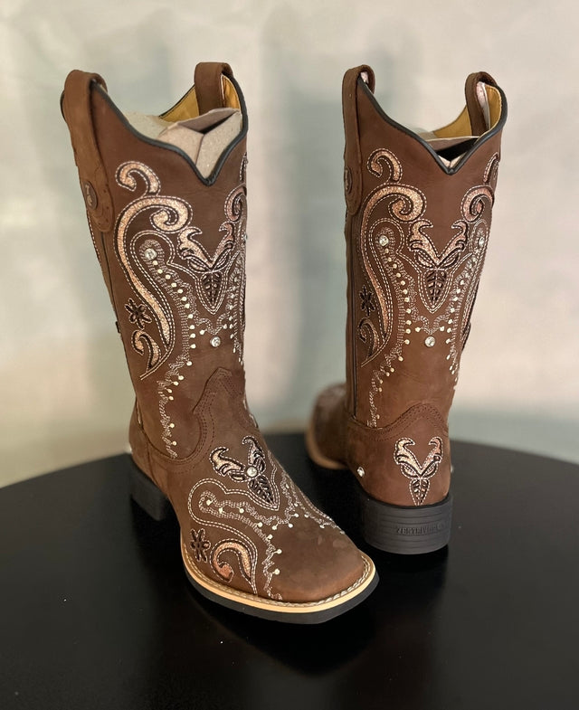 BOTA TEXANA LASER TRIBAL GLITTER ROSA BEBÊ COM STRASS COURO MARROM