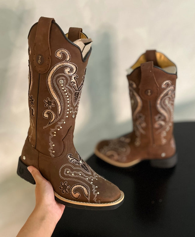 BOTA TEXANA LASER TRIBAL GLITTER ROSA BEBÊ COM STRASS COURO MARROM