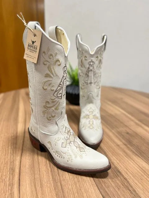 Texana Maria Bico Fino - Couro Off-White/Bordado Padroeira Marrom e Bege