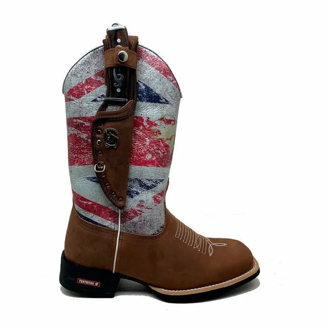BotaFaca Peão 
                                    - Cano Nobuck Cru Estampa Inglesa | Gáspea Crazy Horse Nescau | Bordado Branco
