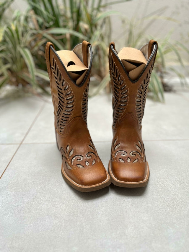 BOTA TEXANA LASER RAMOS COM GLITTER DOURADO COURO MARROM CLARO