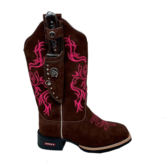 BotaFaca Primavera
                                    - Couro Nobuck Chocolate | Bordado Rosa