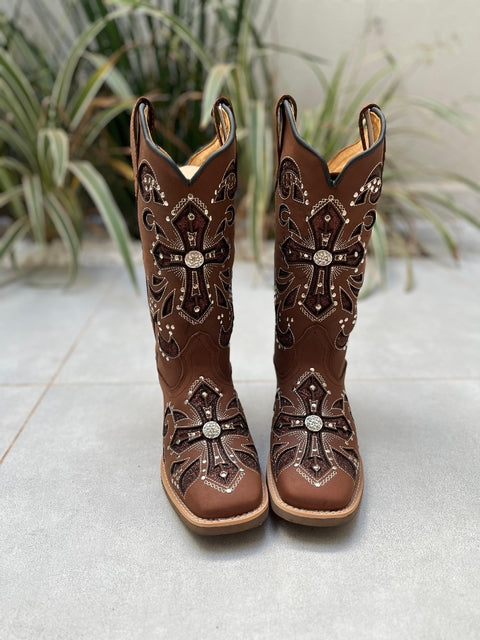 BOTA TEXANA LASER CRUZ BRIDÃO GLITTER MARROM COM METAIS COURO MARROM