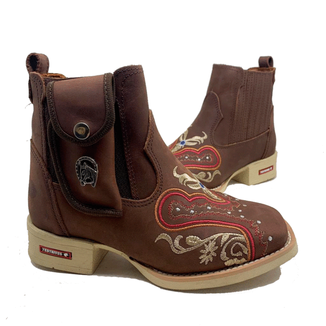 BotinaCanivete Florência
                                    - Couro Crazy Horse Nescau | Bordados Rosa e Bege