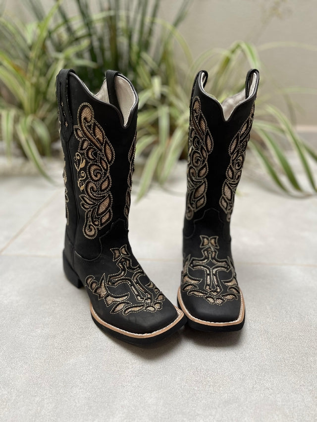 BOTA TEXANA LASER CRUZ GLITTER DOURADO COURO PRETO