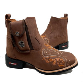 BotinaCanivete Florência
                                    - Couro Crazy Horse Nescau | Bordados Laranja e Branco