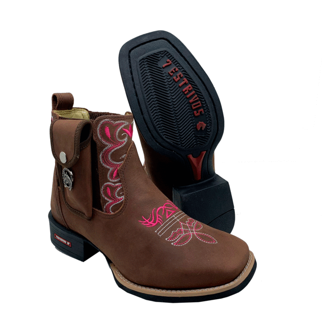 BotinaCanivete Heloisa
                                    - Couro Crazy Horse Nescau | Bordado Rosa e Bege