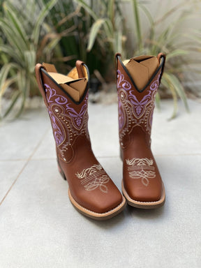 BOTA TEXANA TRIBAL LILÁS FLORÃO BEGE COURO MARROM