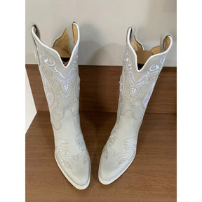 BOTA TEXANA - COURO OFF WHITE BORDADO FLORÊNCIA E GIRASSOL