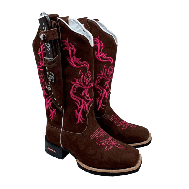 BotaFaca Primavera
                                    - Couro Nobuck Chocolate | Bordado Rosa