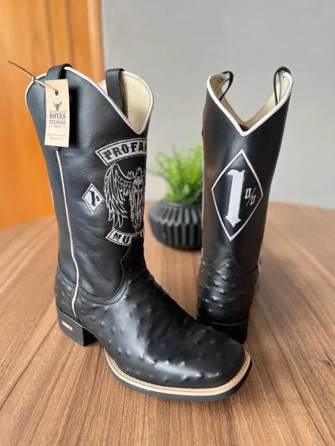 Texana Alexandre - Couro Látego e Avestruz Preto/ Bordado Motoclube