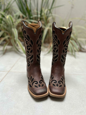 BOTA TEXANA LASER RAMOS GLITTER PRETO COURO MARROM
