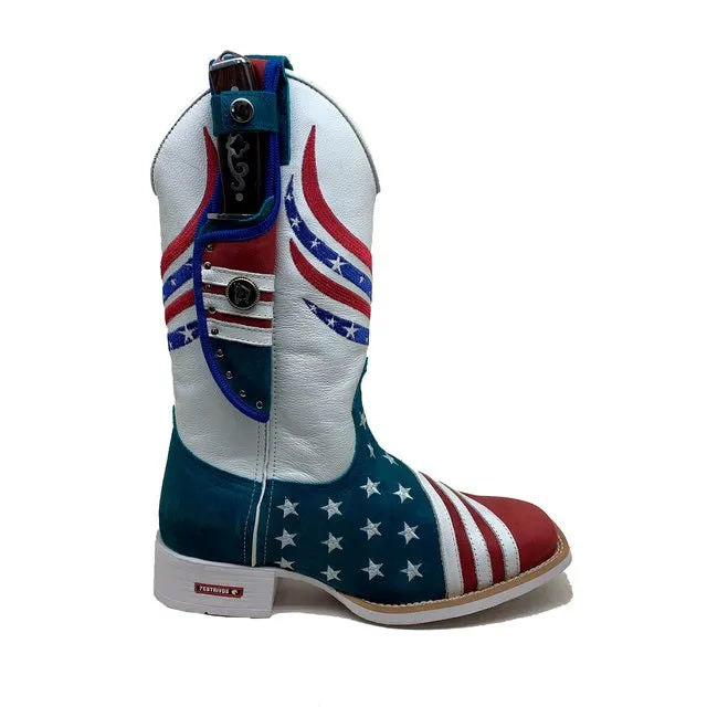 BotaFaca Americana Gold
                                    - Couro Cano Napa Flay Branco | Couro Gaspea Fóssil Bic e Vermelho | Bordado Estrelas Brancas