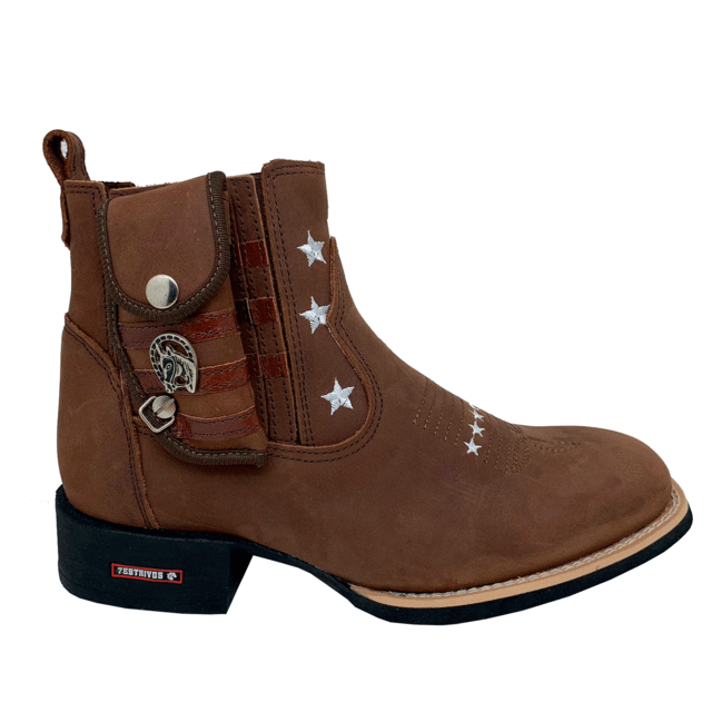 BotinaCanivete Americana
                                    - Couro Crazy Horse Nescau | Tiras Couro Mustang | Estrelas Brancas