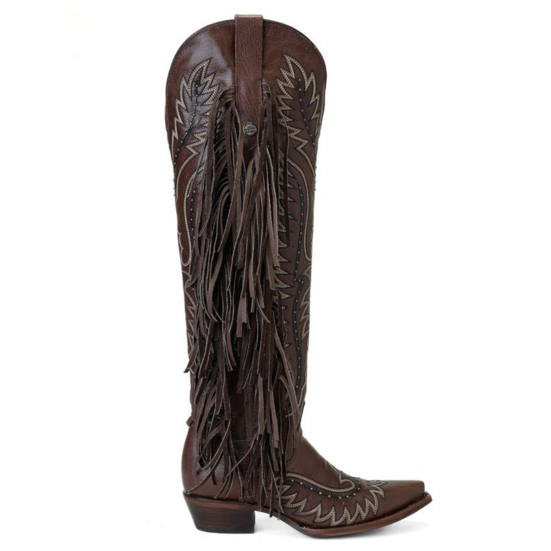 Bota Cano Longo Western Franja Marrom