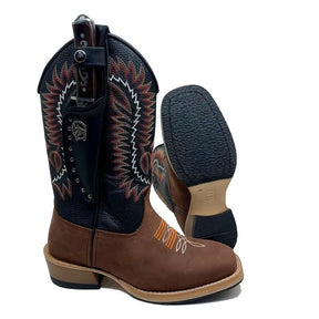 BotaFaca Rústica 
                                    - Couro Cano Floater Preto | Couro Gáspea Crazy Horse Nescau | Bordados Vermelho e Ferrugem