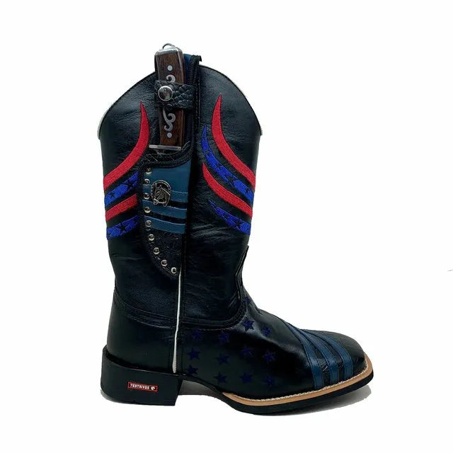 BotaFaca Americana Gold
                                    - Couro Látego Preto | Bordados Azul Escuro e Vermelho