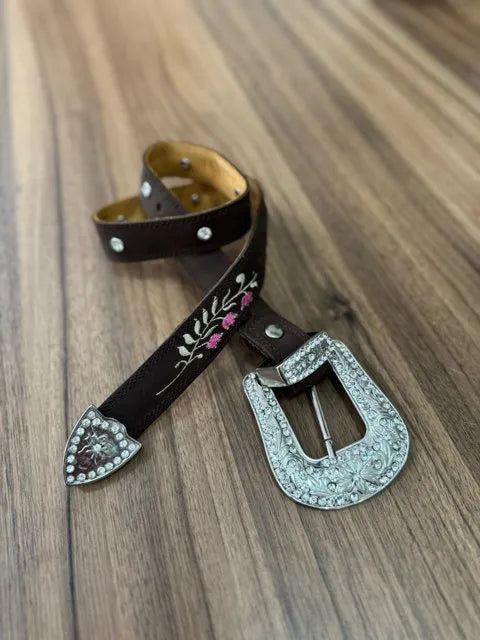Cinto - Couro Horse Cappuccino/Bordado Flor