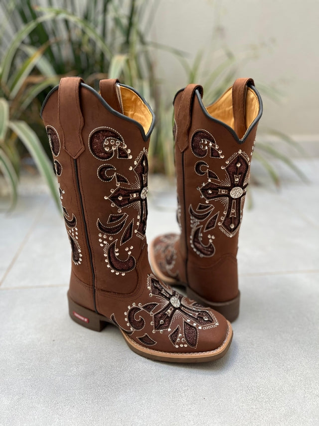 BOTA TEXANA LASER CRUZ BRIDÃO GLITTER MARROM COM METAIS COURO MARROM