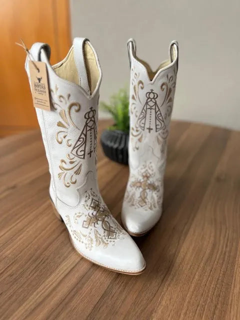 Texana Maria - Couro Floatter Branco/Bordados Padroeira Marrom e Bege