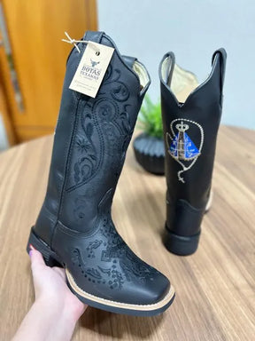 Texana Maria Alice - Couro Látego Preto/ Bordado Tribal  Preto com Cruz e Padroeira
