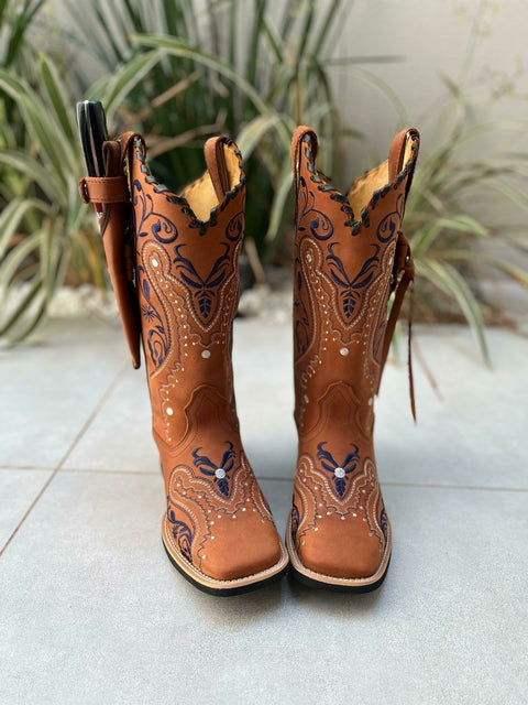 KIT TEXANA TRIBAL AZUL COURO HORSE TELHA COM TRICÊ E TIRINHAS + BAINHA + FACA