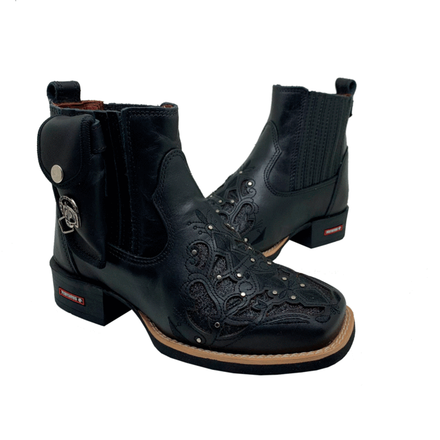 BotinaCanivete Luiza
                                    - Couro Látego Preto | Glitter Preto | Bordado Preto