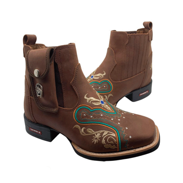 BotinaCanivete Florência
                                    - Couro Crazy Horse Nescau | Bordado Verde e Bege