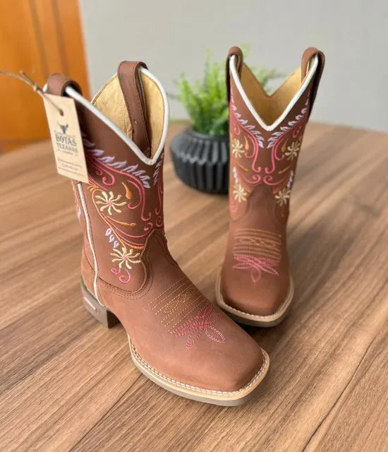 Texana Jade - Couro Horse Nescau/Ramos Bege e Lilás