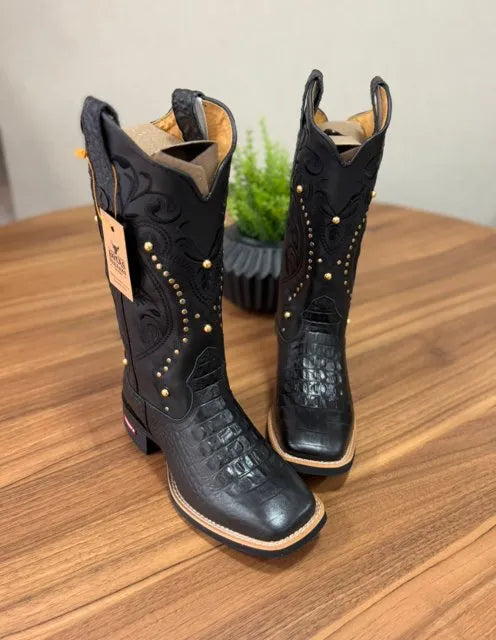 Texana Alice - Couro Látego Preto e Jacaré/Bordado Tribal Preto e Metais Dourados