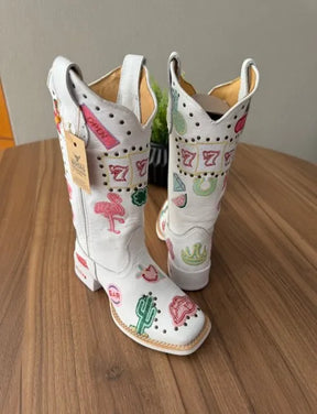 Texana Fabiana - Couro Floatter Branco/Bordado Símbolos