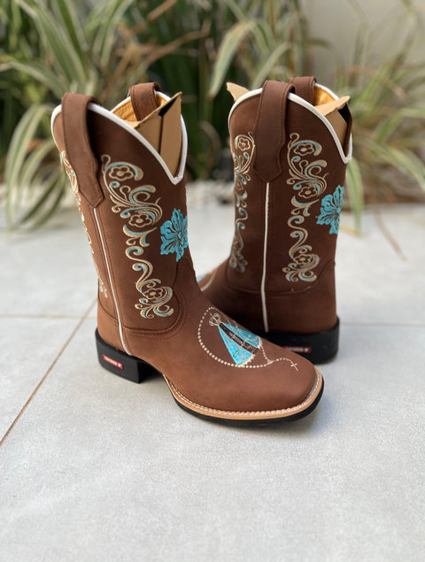 BOTA TEXANA BORDADO FLOR E NOSSA SENHORA AZUL CLARO COURO MARROM