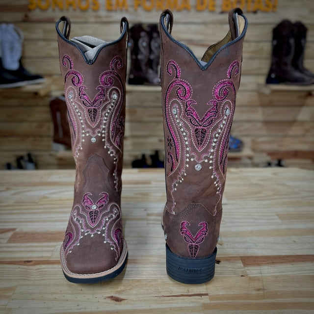 BOTA TEXANA LASER TRIBAL GLITTER ROSA PINK COM STRASS COURO MARROM