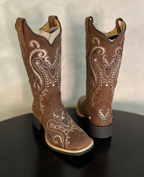 BOTA TEXANA LASER TRIBAL GLITTER ROSA BEBÊ COM STRASS COURO MARROM