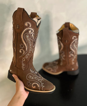 BOTA TEXANA LASER TRIBAL GLITTER ROSA BEBÊ COM STRASS COURO MARROM